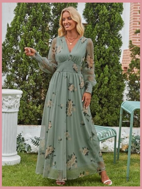Floral Maxi Dress V Neck Puff Long Sleeve Flowy Casual Wedding Guest - Picture 2 of 7